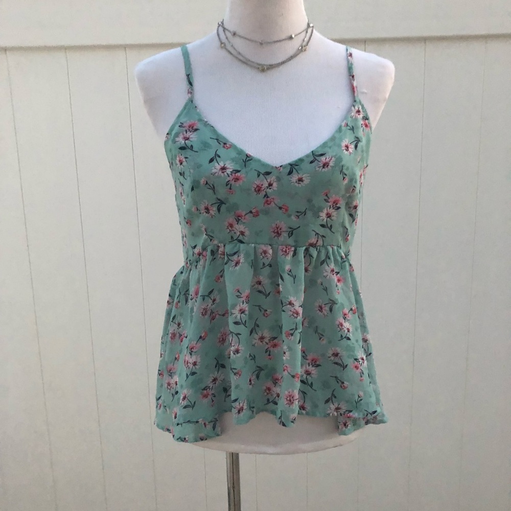 Floral Teal Spaghetti Strap Women Blouse Size L